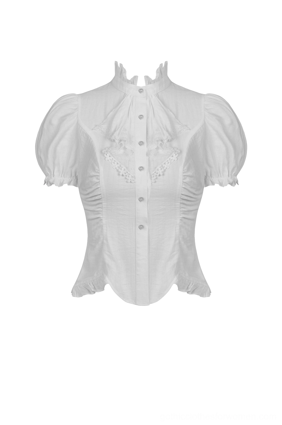 Flat lay front view of white Victorian blouse featuring statement jabot lace collar, puff sleeves, and decorative pearl button placket