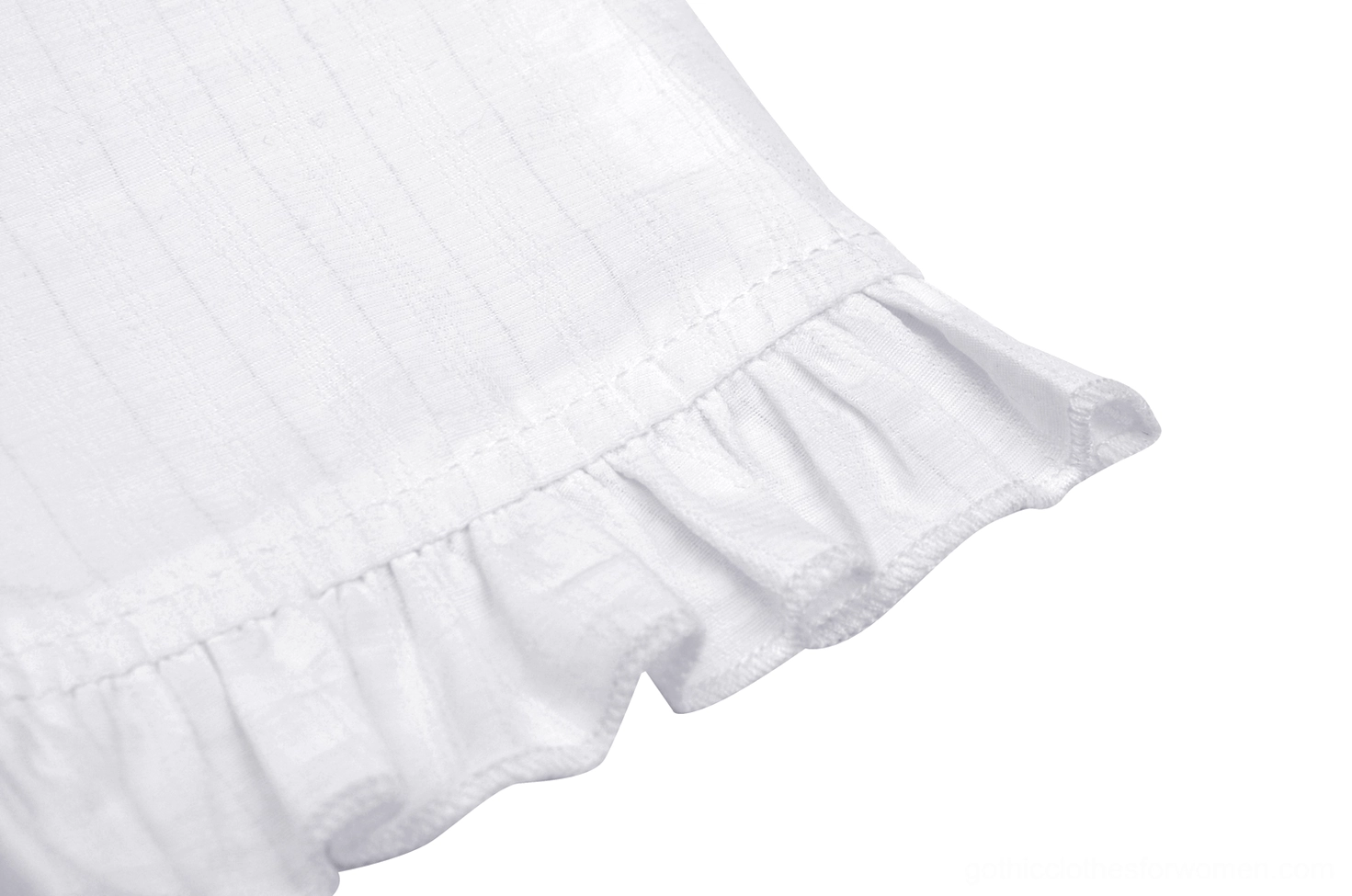 White Victorian gothic lace blouse side view showing fitted slim silhouette and sleeve construction
