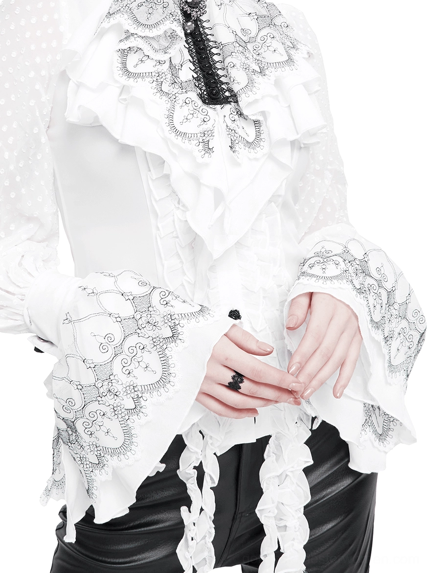 Female model wearing white Victorian flared lace gloves with black embroidery, front close-up view showcasing gothic elegance