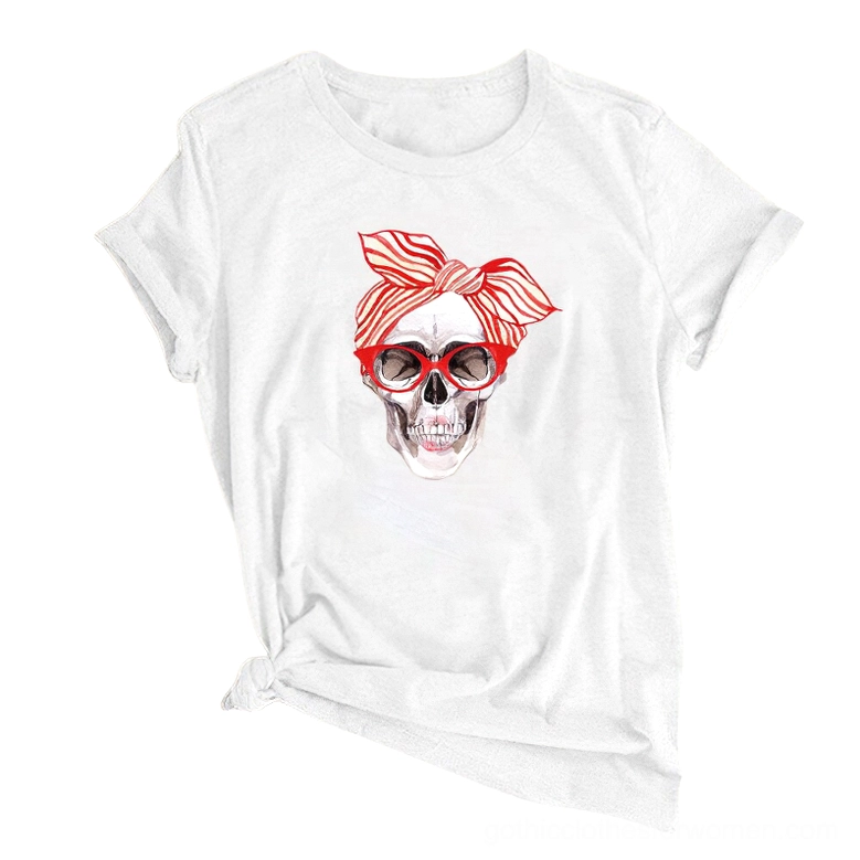 White women's skull graphic t-shirt with side knotted hem, clean gothic aesthetic