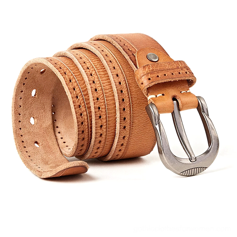 Wide tan leather alternative belt with multiple perforated adjustment holes and vintage silver buckle, side view
