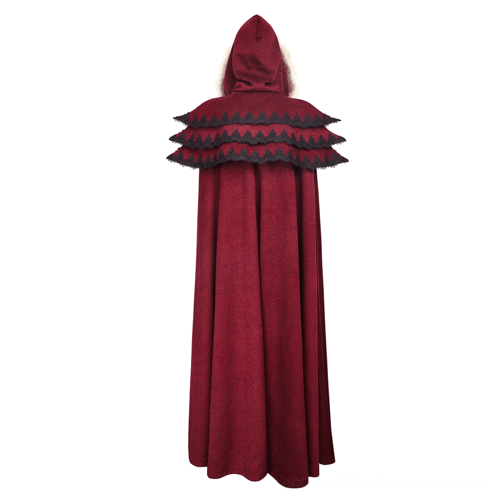 Wine-red gothic cloak full back view on display mannequin featuring intricate scalloped layered black shoulder piece