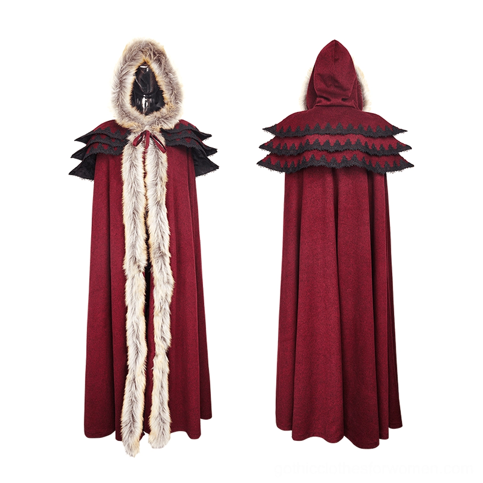 Wine-red gothic cloak displayed on two mannequins showing front and back silhouette with faux fur and black shoulder accents