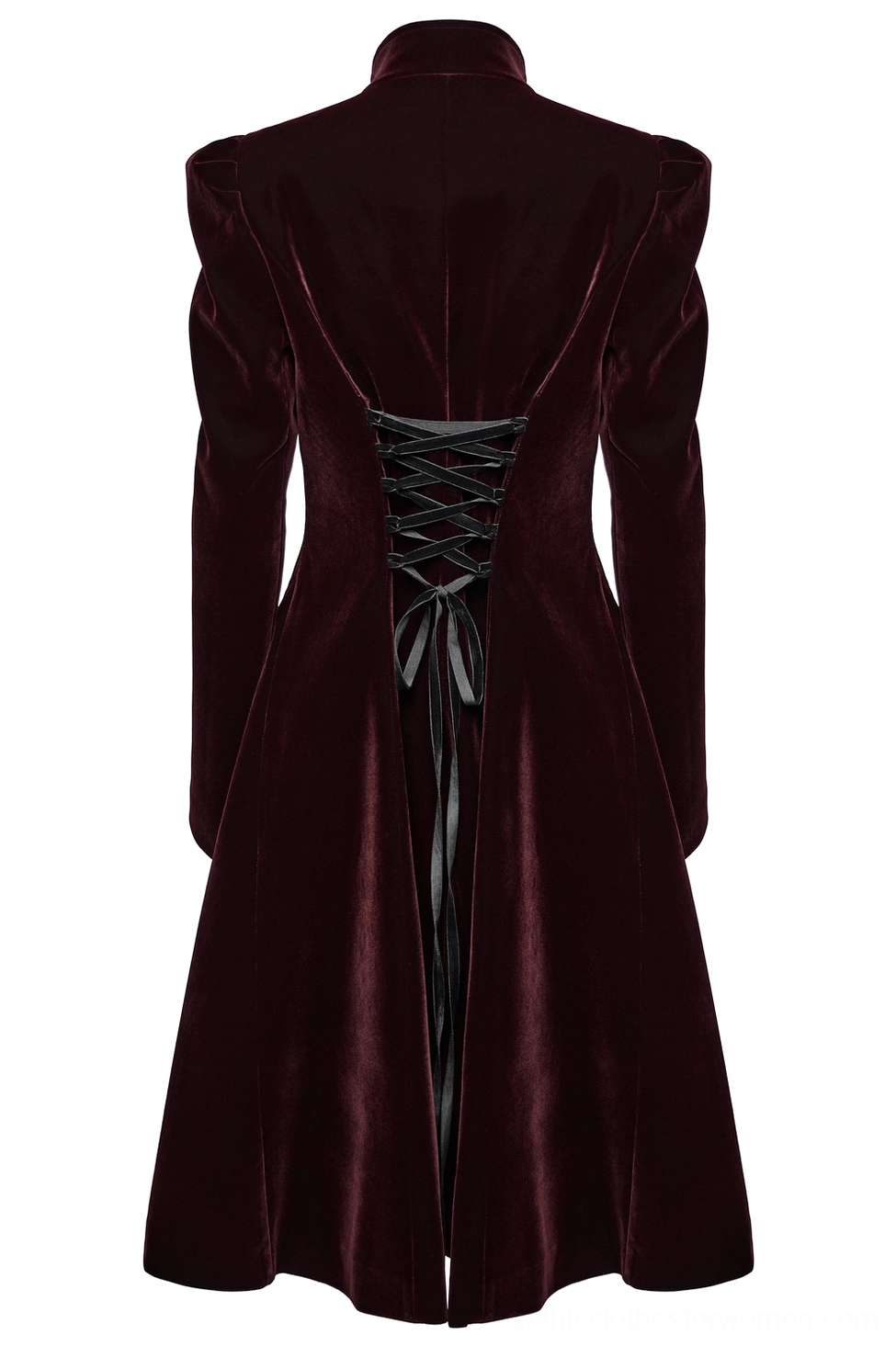 Back flat display of velvet gothic coat highlighting corset lace-up back and flared skirt construction
