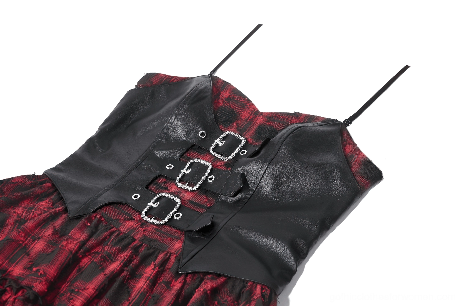 Close-up detail of triple rhinestone buckles on faux leather corset strap of gothic tartan mini dress showing sparkling embellishment
