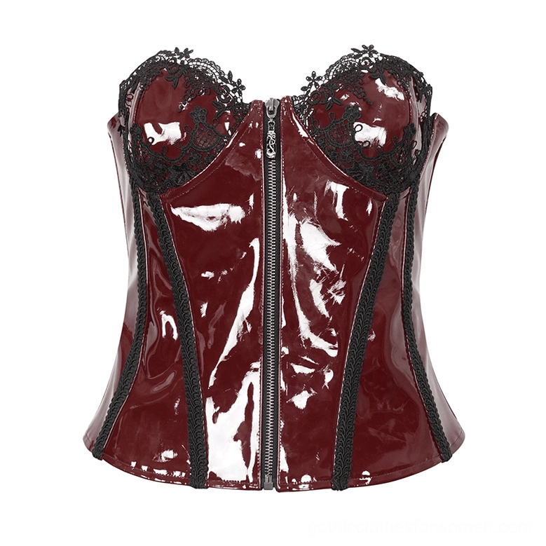 Wine red PU leather corset flat lay front showing glossy finish and black floral lace