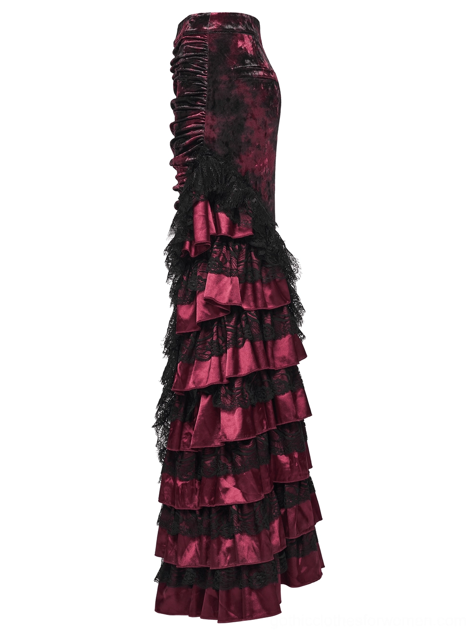 Wine red crushed velvet maxi skirt flat lay rear view, showcasing tiered lace ruffles and luxurious fabric texture