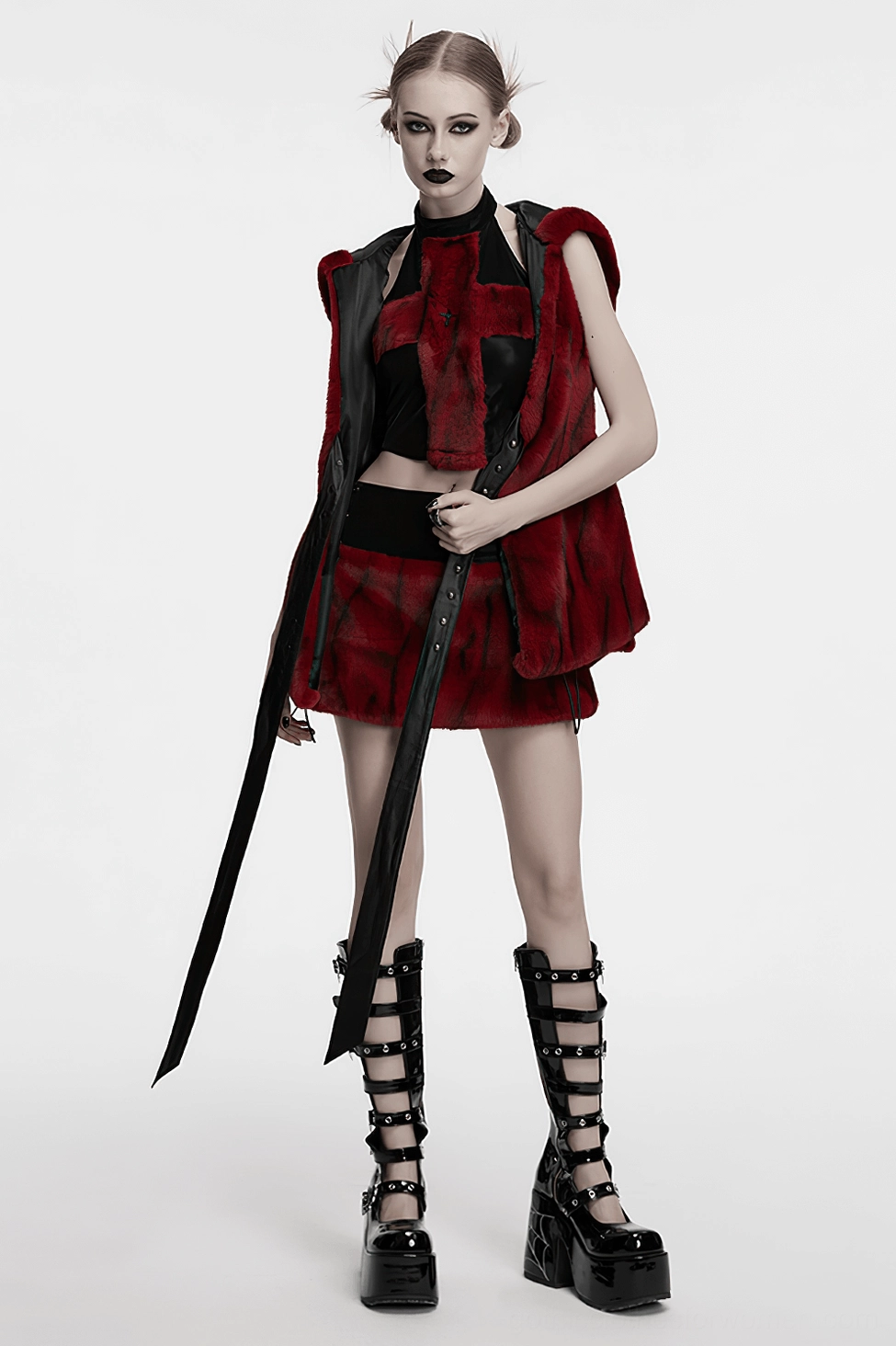 Alternative angle of wine red flame tie-dye gothic skirt with faux leather and fur blend