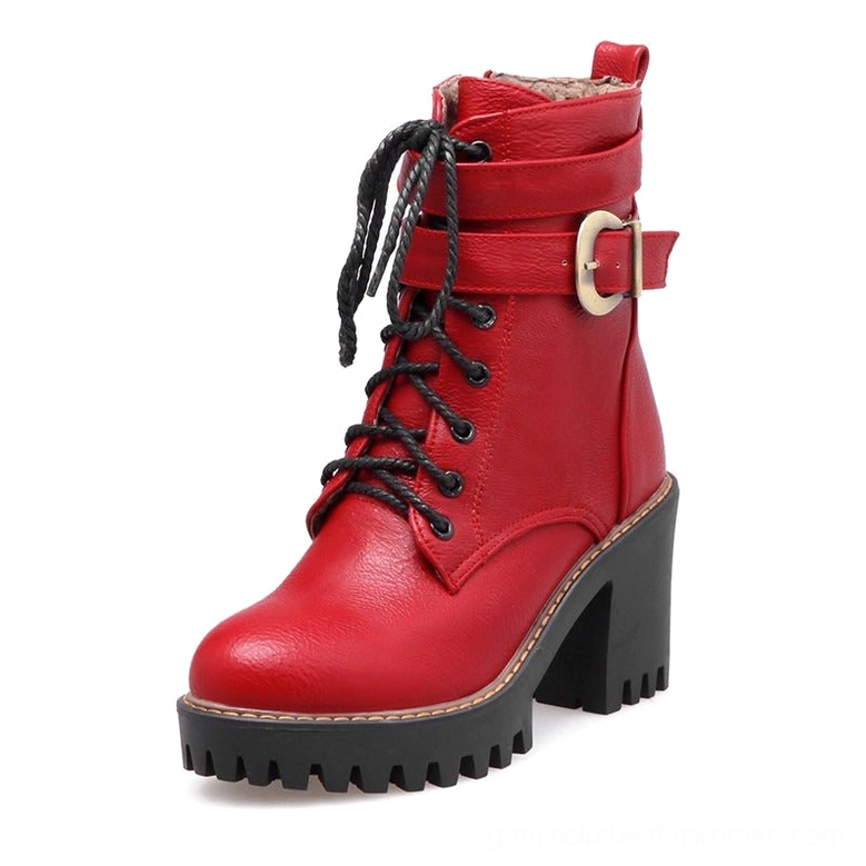 Wine red gothic ankle boots with buckled strap and square block heel - front three-quarter studio shot