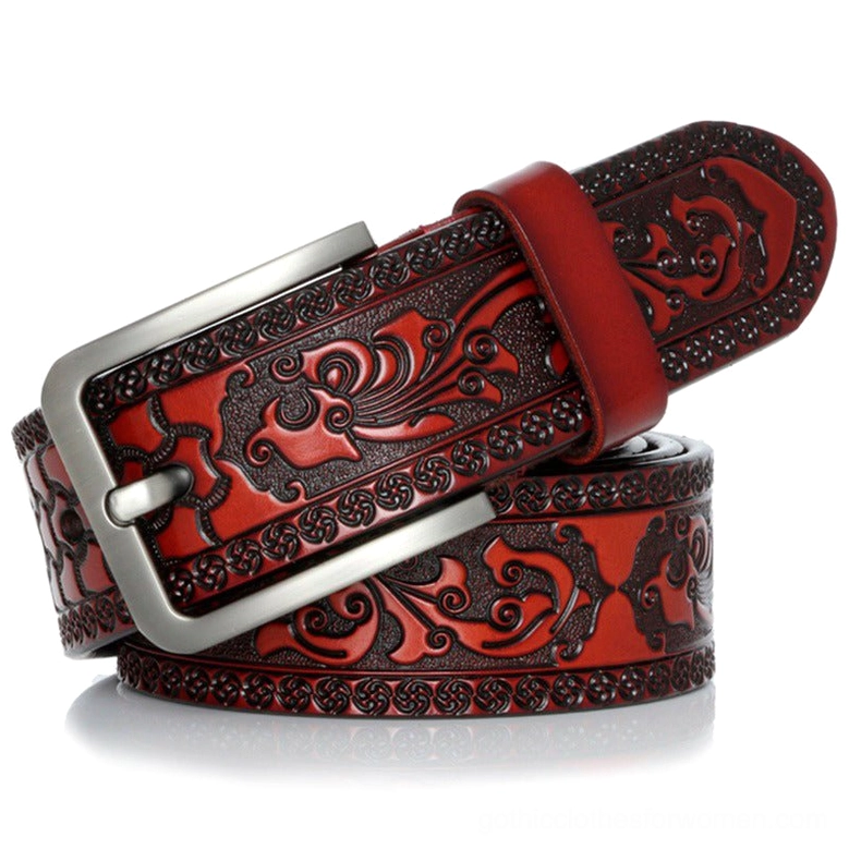 Wine red gothic leather belt with black floral patterns and silver pin buckle, front view highlighting ornate design