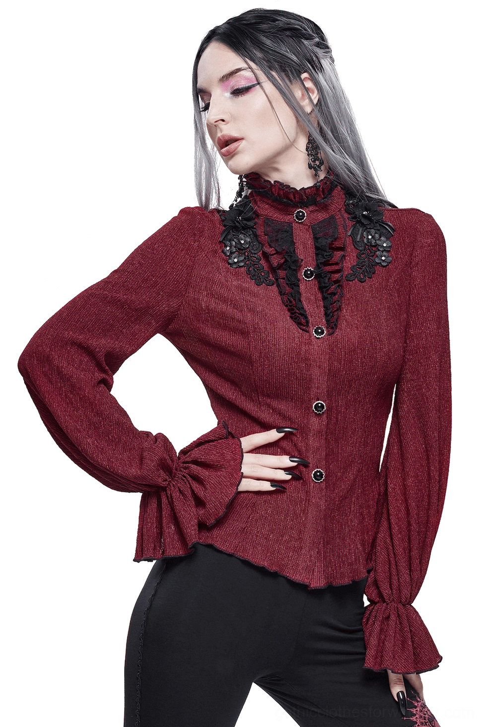 Wine red gothic blouse with black lace appliqué collar and flared ruffled sleeves, worn by female model in three-quarter front view