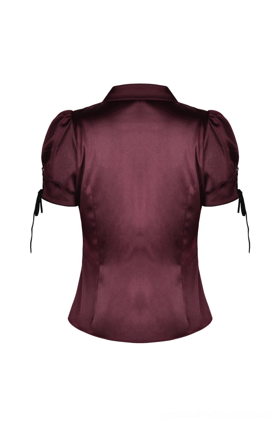 Wine red gothic blouse back view flat lay showing simple back design and drawstring cuff details
