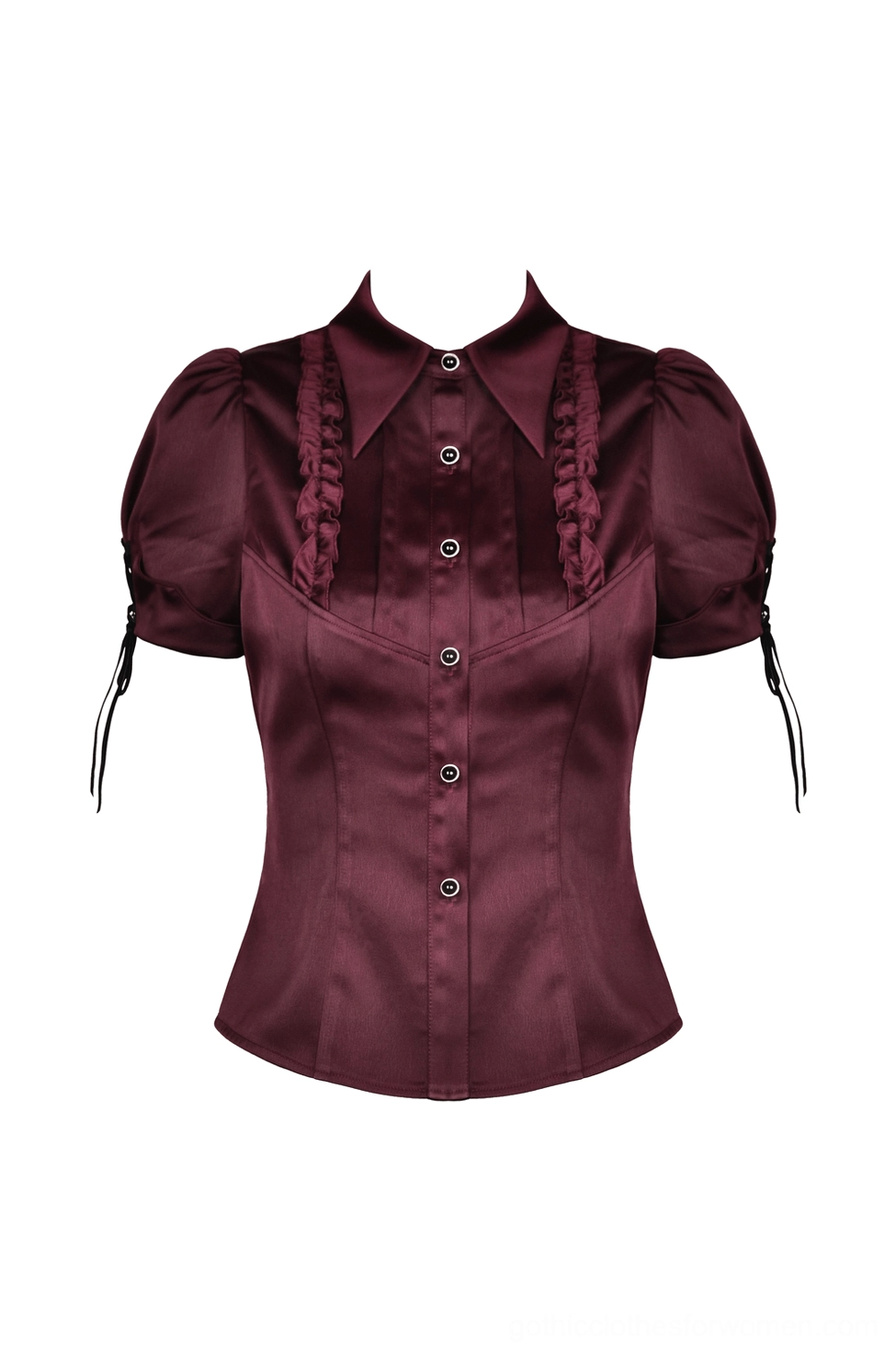 Wine red puff sleeve gothic blouse front flat view with adjustable drawstring sleeve cuffs