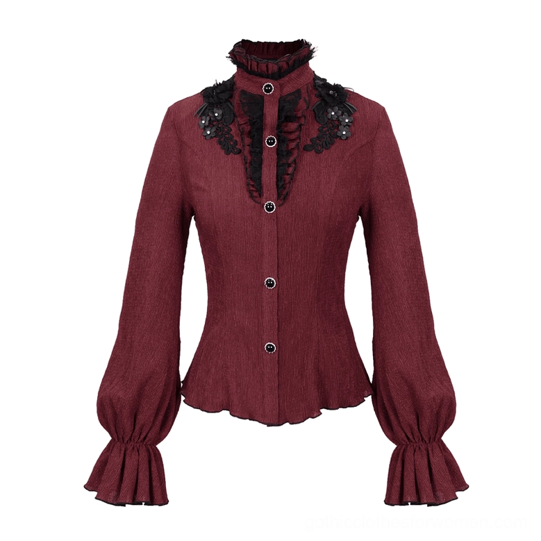 Wine red gothic blouse flat lay front view showing button placket and ruffled stand collar details