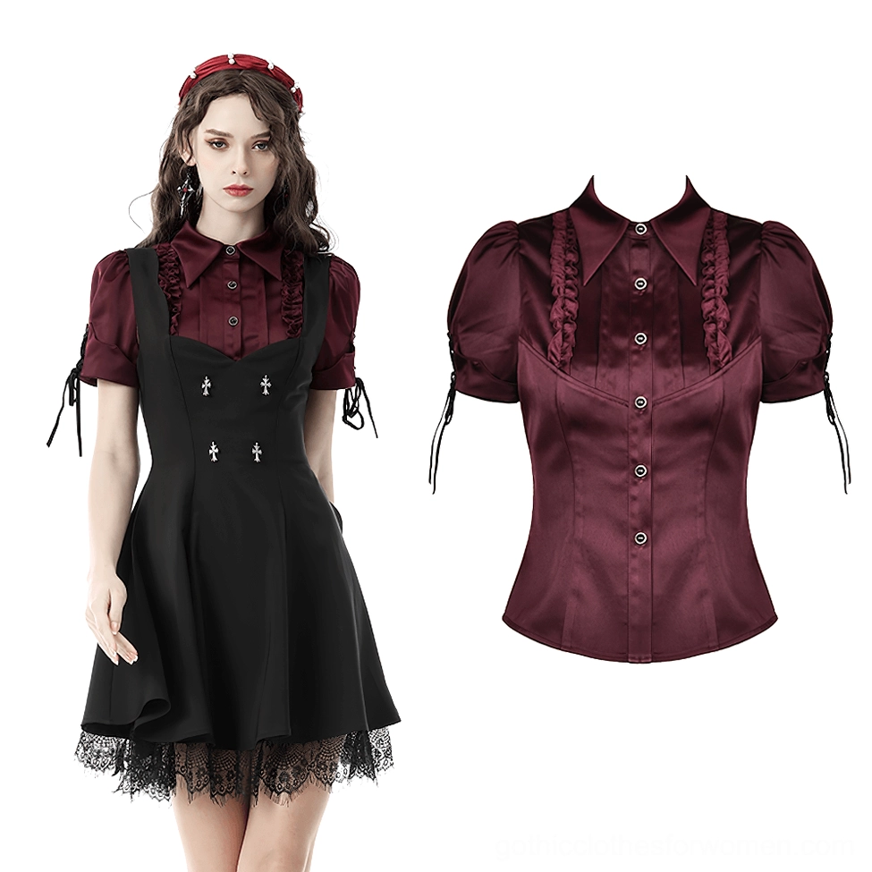 Wine red victorian gothic blouse flat lay front view showing ruffled placket and black buttons