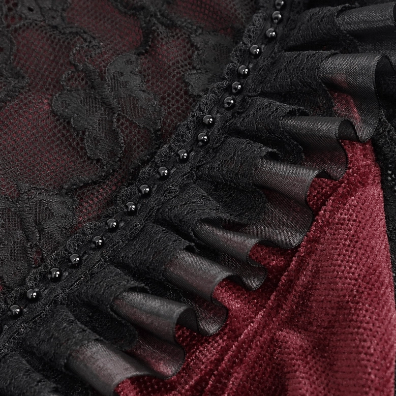 Wine red velvet gothic blouse featuring dramatic puff sleeves and sheer lace overlay - full garment view