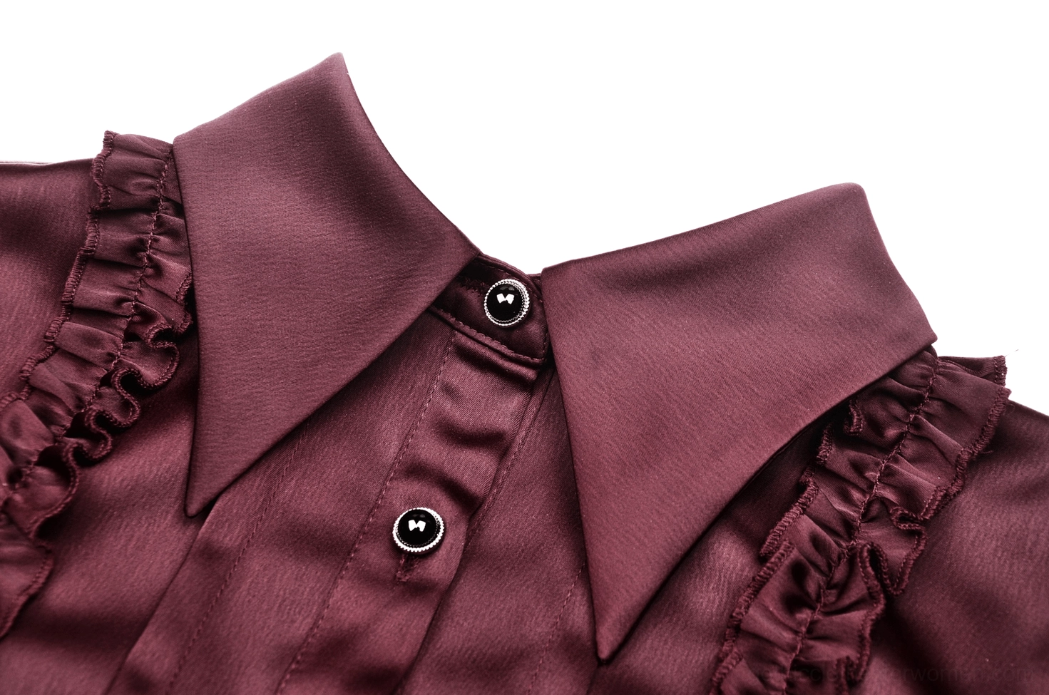 Wine red gothic blouse pointed collar and button placket close-up detail