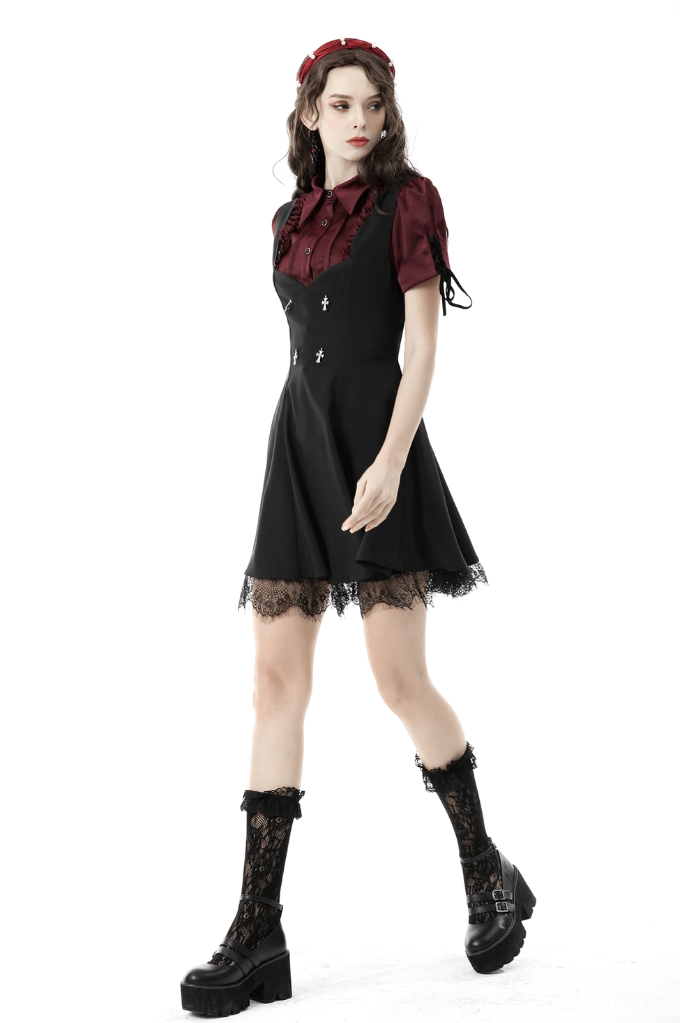 Wine red gothic blouse with puff sleeves three-quarter length view showing complete silhouette