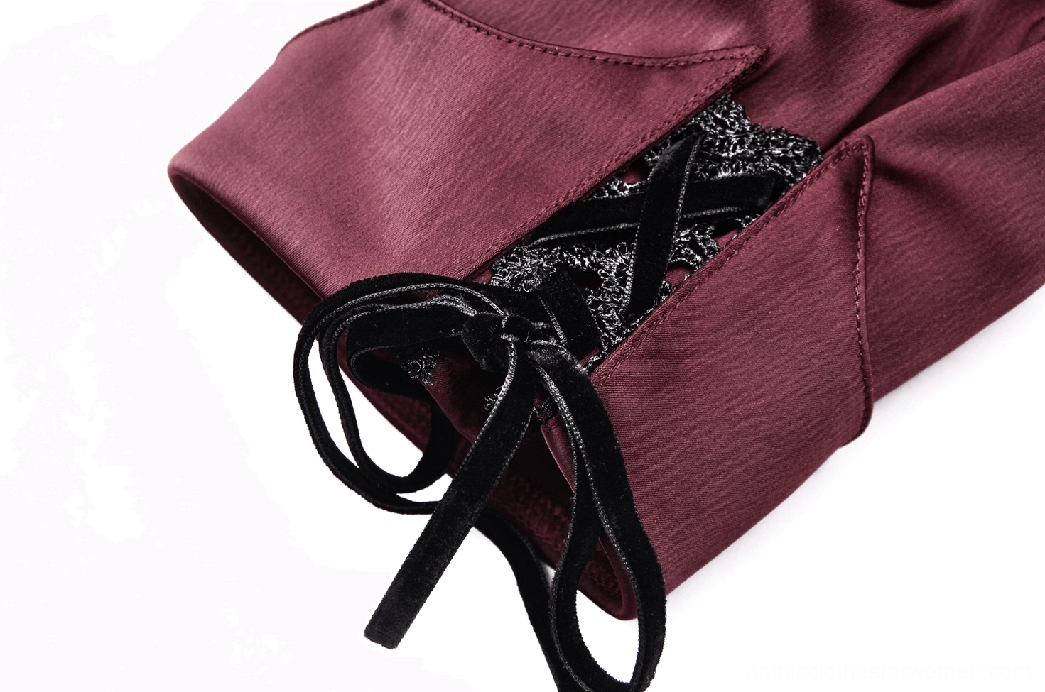 Wine red gothic blouse cuff detail showing velvet drawstring tie and inner lace lining