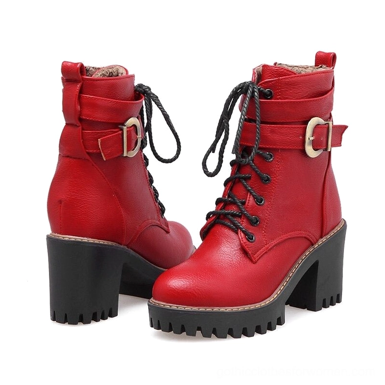 Wine red gothic ankle boots with lace-up closure and square block heel - side three-quarter angle