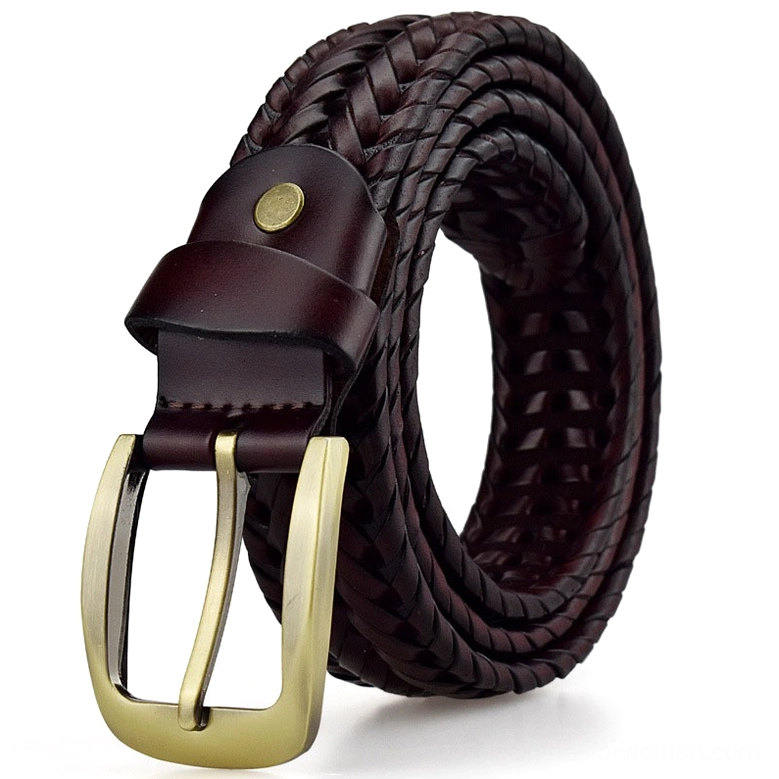Wine red hand-braided gothic leather belt with metal buckle, flat lay product shot on neutral background