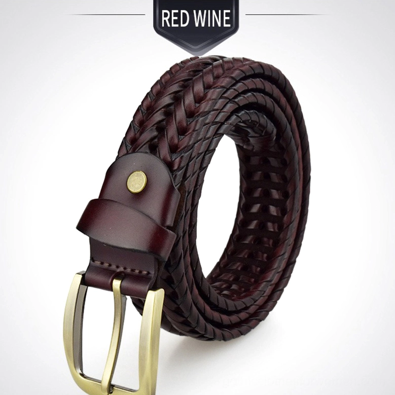 Wine red hand-braided gothic belt with intricate woven leather pattern and metal buckle, side profile angle