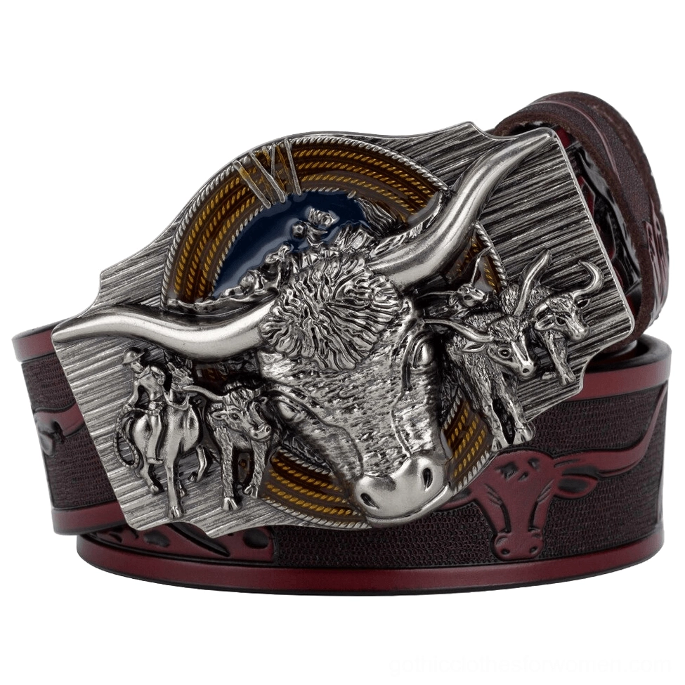 Wine red gothic leather belt side profile, silver bull head occult buckle, dark fashion statement piece