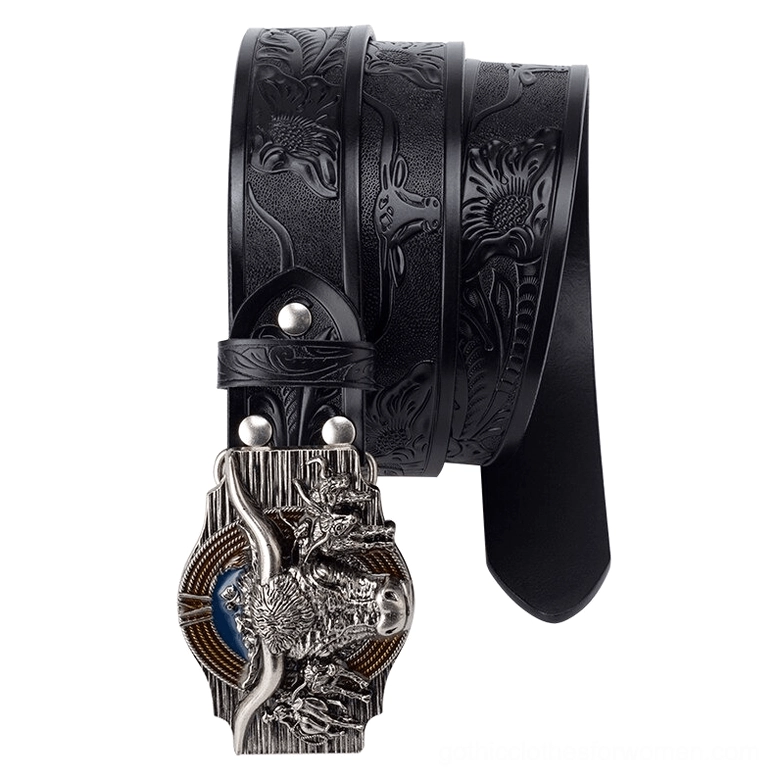 Wine red gothic bull head leather belt styling, dark romantic vampire aesthetic, alternative fashion piece