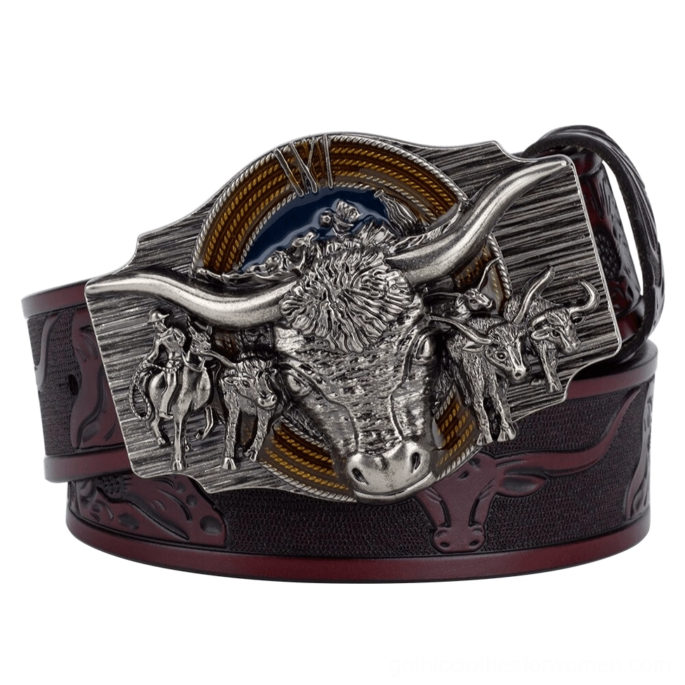 Wine red gothic leather belt with silver bull head buckle, elegant vampire aesthetic design, three-quarter angle