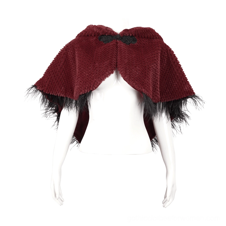 Front view of burgundy hooded gothic cape on mannequin with black decorative clasp and feather trim