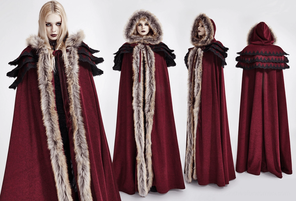 Wine-red gothic cloak display highlighting architectural shoulder construction and luxurious faux fur accents