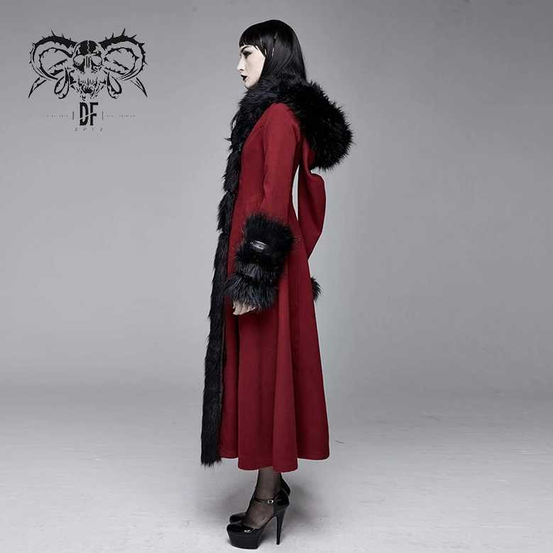 Angled view of wine red gothic coat showing collar height and neckline construction detail