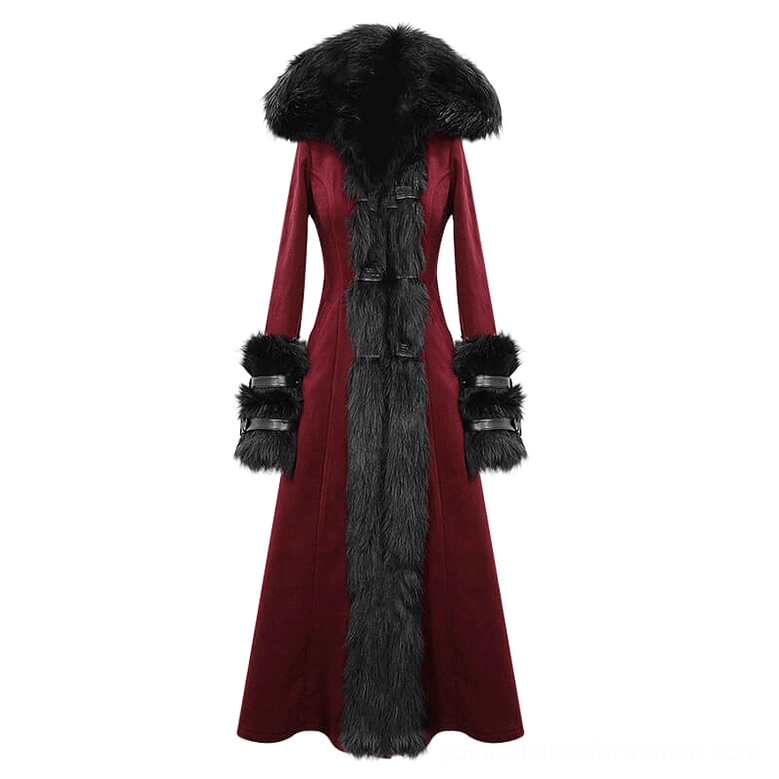 Front display of wine red gothic coat showing black fur collar trim and buckled metal cuff details