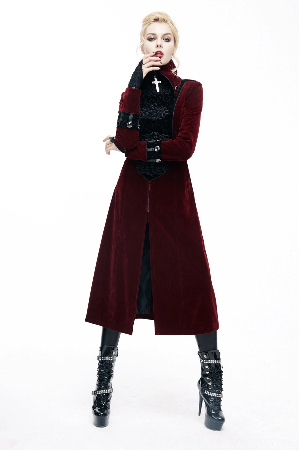 Wine red gothic coat detail view - showcasing fitted waist cinch, draping silhouette, and luxurious velvet fabric appearance