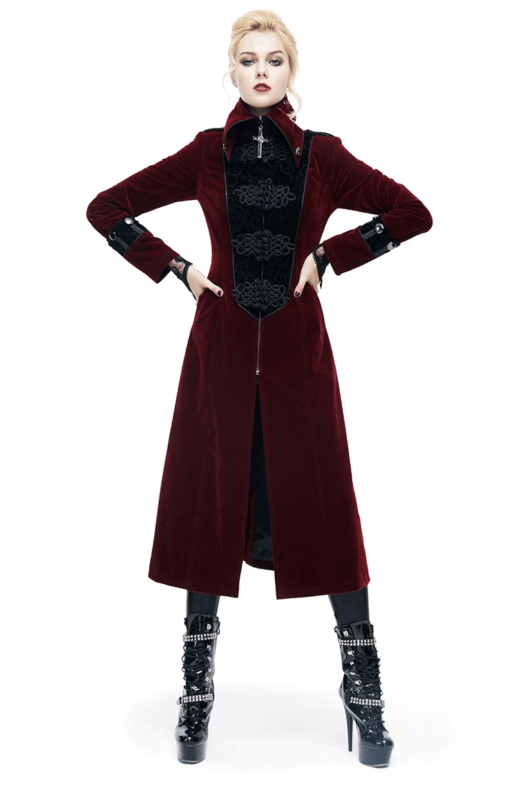Wine red embossed velvet gothic coat - front full-body view showcasing high collar, cross zipper, and black embroidered front panel on model
