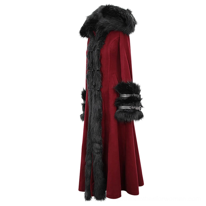 Side view of wine red hooded gothic long coat with black faux fur trim and buckled fur cuffs