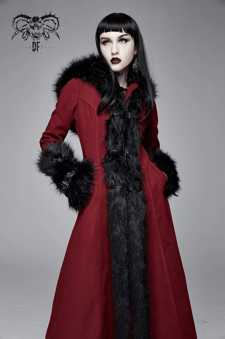 Alternative model view wearing wine red gothic coat showing styling possibilities and fit on figure