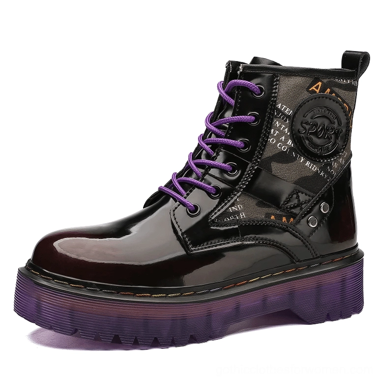 Wine red glossy combat boots with purple canvas details and lace-up closure, gothic style side view