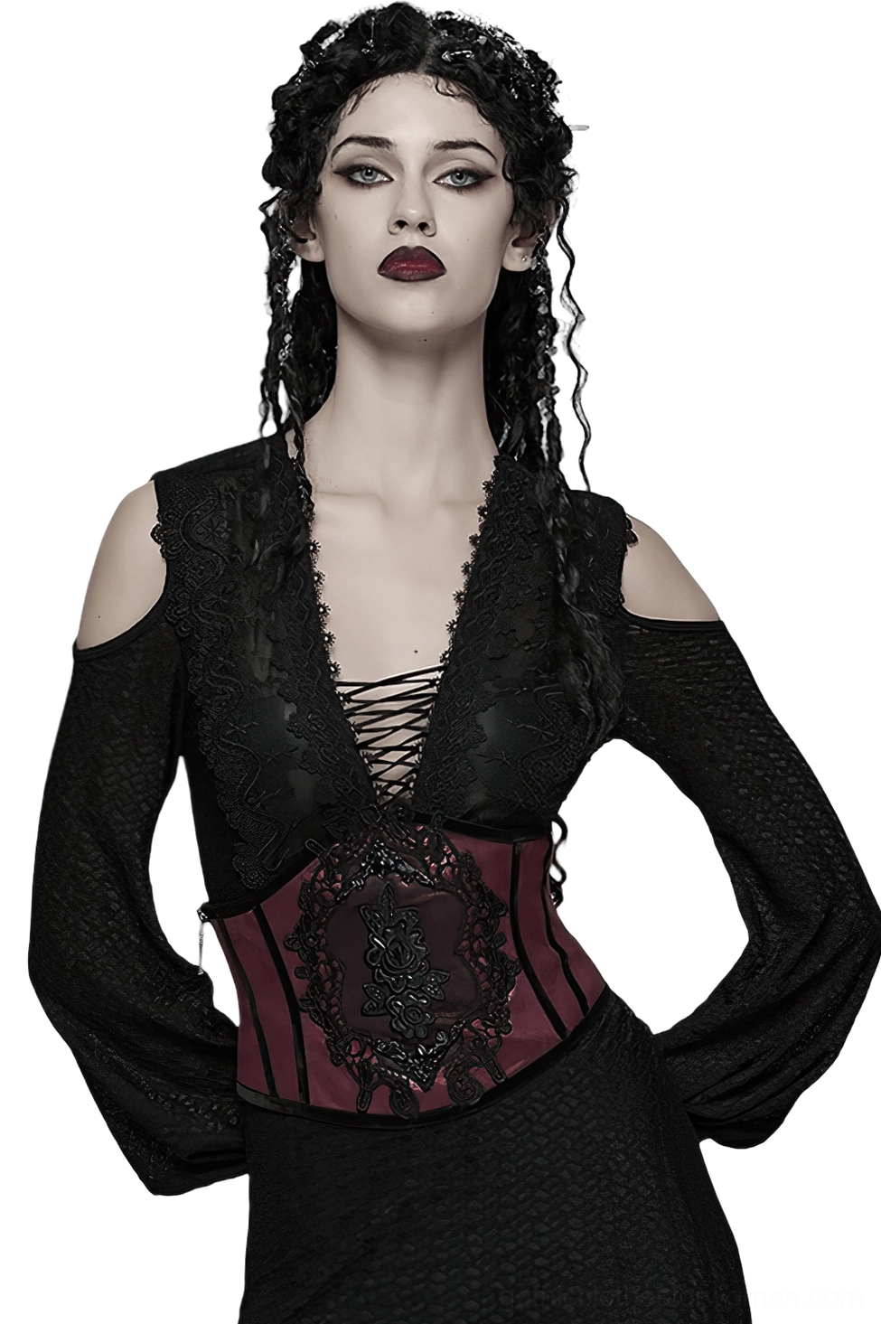 Wine red gothic corset belt with black embroidered lace applique worn by female goth model in front full portrait view on white studio background