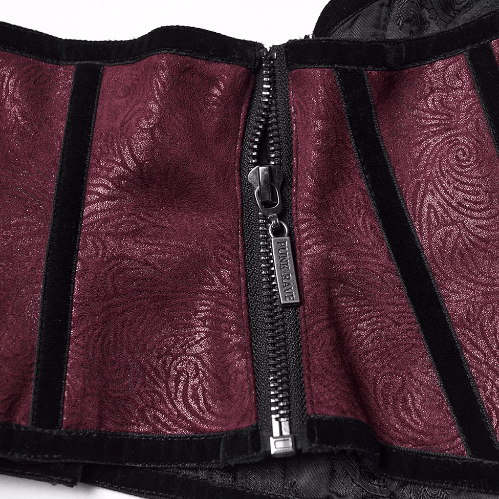 Wine red embroidered gothic corset belt product overview highlighting lace detail and structured waist definition