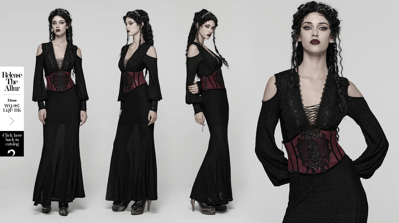 Wine red gothic corset belt full product showcase with embroidered lace applique and professional styling on white background
