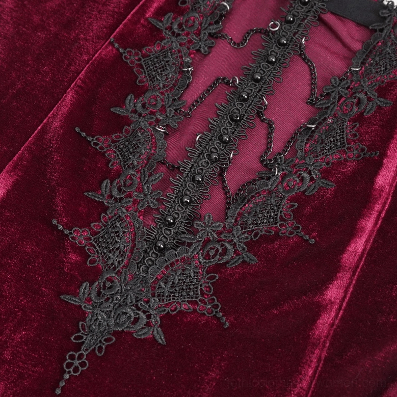 Wine red velvet gothic maxi dress with strategic cutouts and black lace accents, alternative fashion event styling