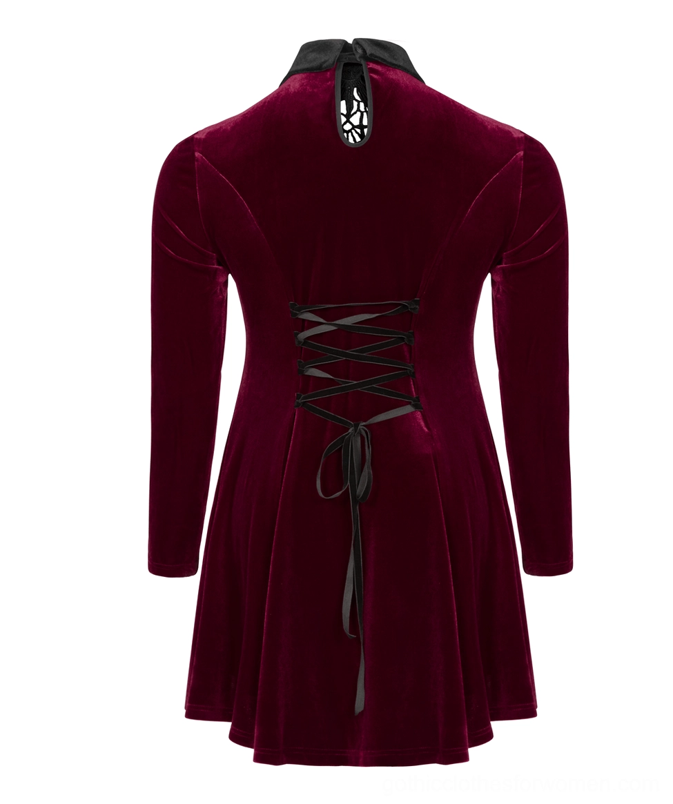 Wine red velvet gothic dress back flat lay highlighting corset lace-up back and burgundy velvet with cutout detail