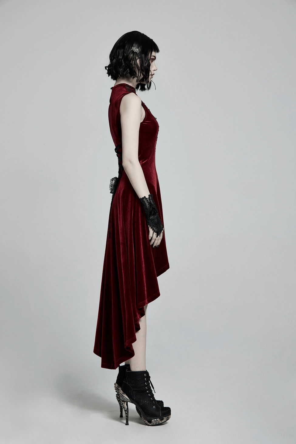 Wine red velvet gothic dress detail shot emphasizing the quality of black lace and burgundy velvet construction