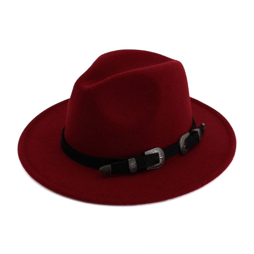 Wine red gothic fedora hat with leather belt, dual metal buckles and deep burgundy tone