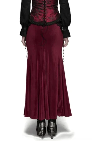 wine red gothic fishtail skirt rear view showing lace-up corset back design