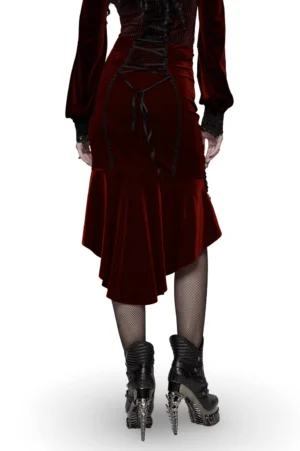 Back full view of gothic velvet fishtail skirt with drawstring corset back, highlighting the fishtail silhouette and side zipper detail