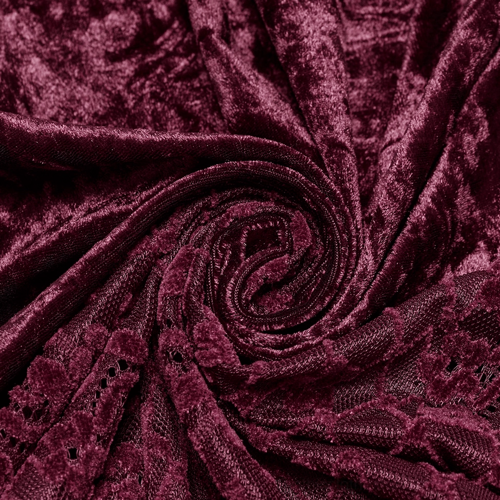 Gothic wine red velvet fishtail skirt front center view highlighting asymmetrical waistband and lace fishtail hemline