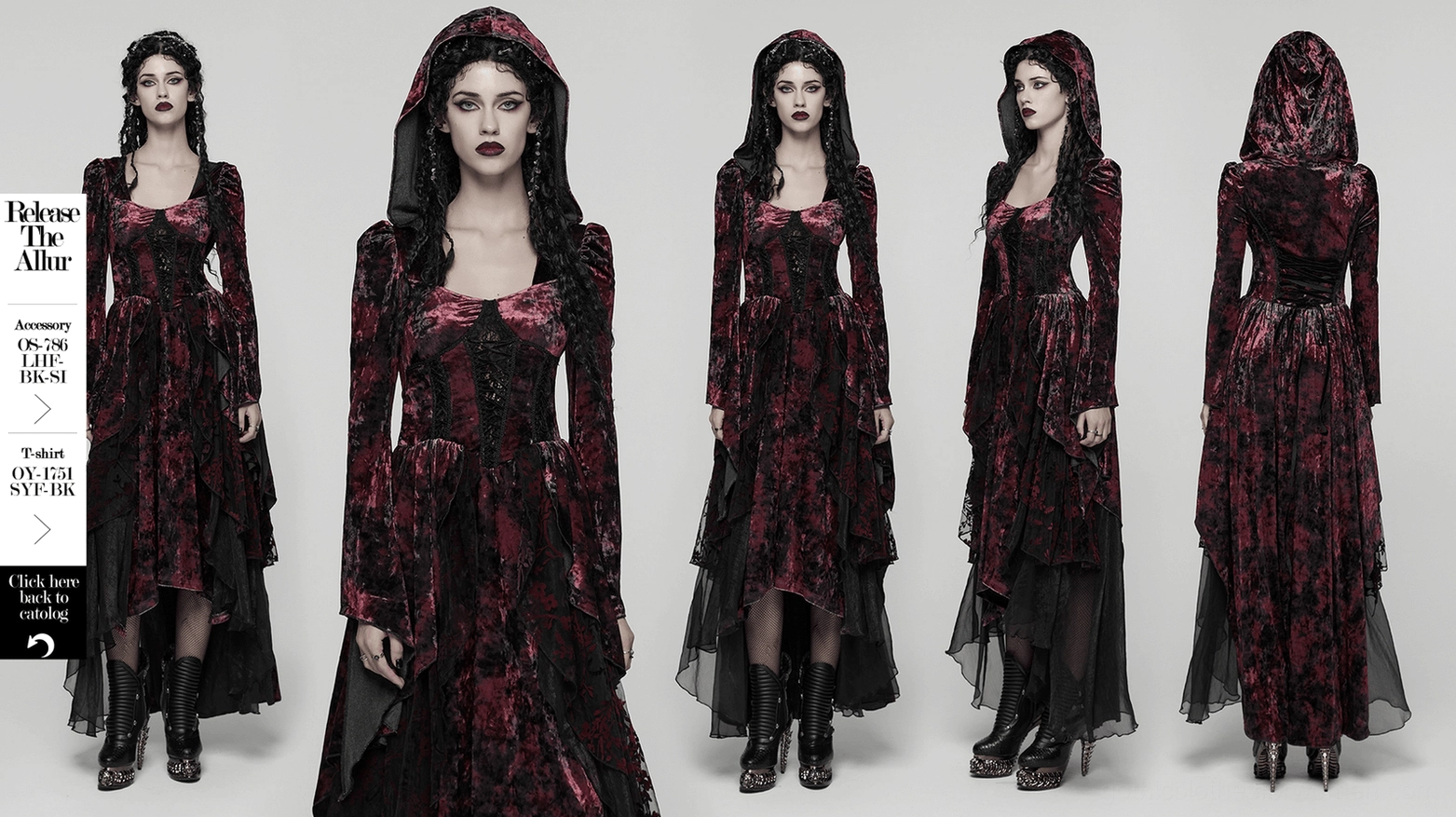 Wine red gothic velvet hooded dress featuring dramatic high-low hem and alternative fashion styling