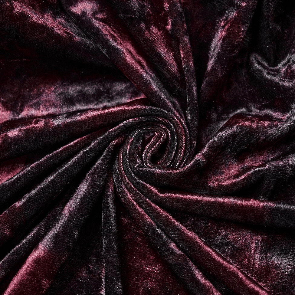 Wine red gothic hooded velvet dress display highlighting overall silhouette and layered construction